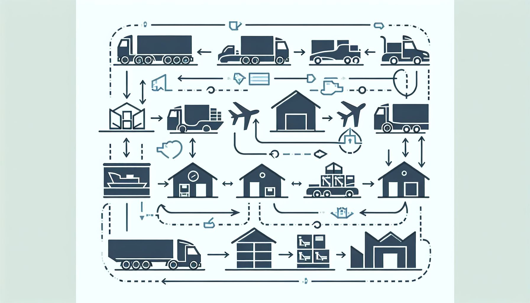 Illustration depicting the supply chain process with various icons representing different stages - transportation, warehousing, and distribution, aligned in a flowchart format.