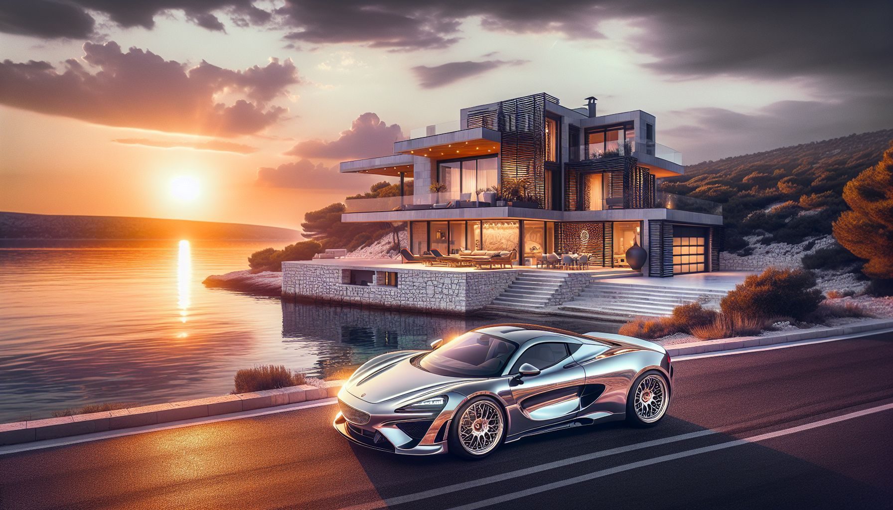 A gleaming Porsche Panamera parked in front of a luxurious, contemporary Croatian villa with the sunset bathed Adriatic Sea in the background.