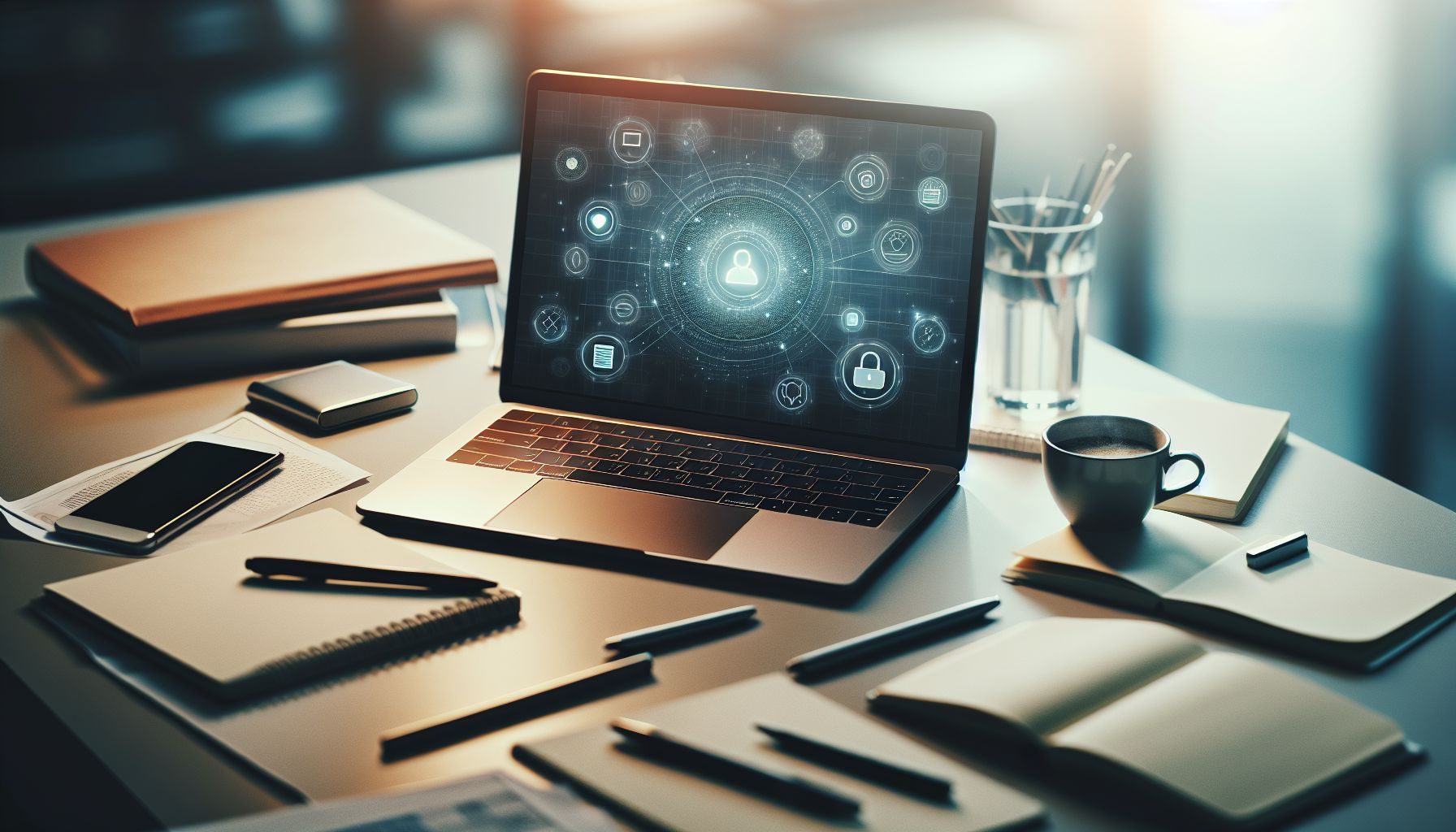 Une image d'un MacBook affichant un profil LinkedIn ouvert sur son écran et placé sur un bureau avec un CV imprimé et quelques brochures de recrutement, symbolisant le partenariat avec une agence de recrutement professionnelle et l'utilisation stratégique des plateformes de recherche d'emploi en ligne.