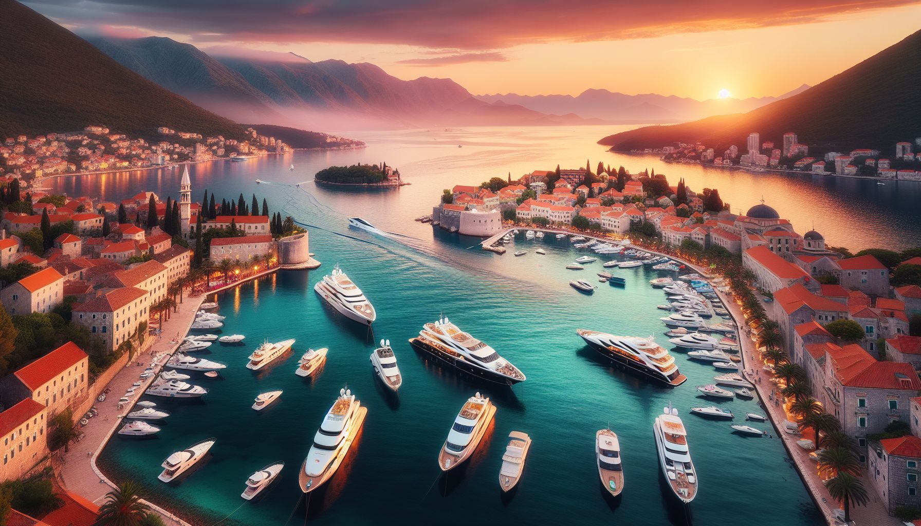 Une vue panoramique du port du Monténégro grouillant de yachts luxueux au coucher du soleil, mettant en valeur les eaux turquoise scintillantes et le littoral pittoresque parsemé de charmants bâtiments.