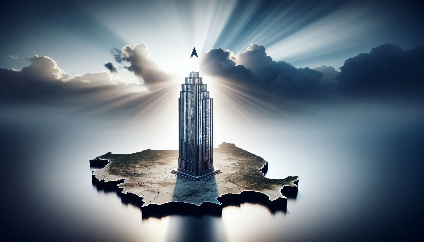 conceptual depiction of a skyscraper rising from a map of Romania, symbolizing the growth and potential of the business landscape in the country.
