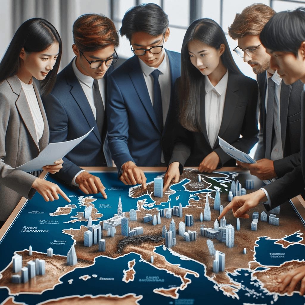 Photo of a diverse group of Asian business professionals examining a 3D map of Europe, highlighting major cities and financial hubs.