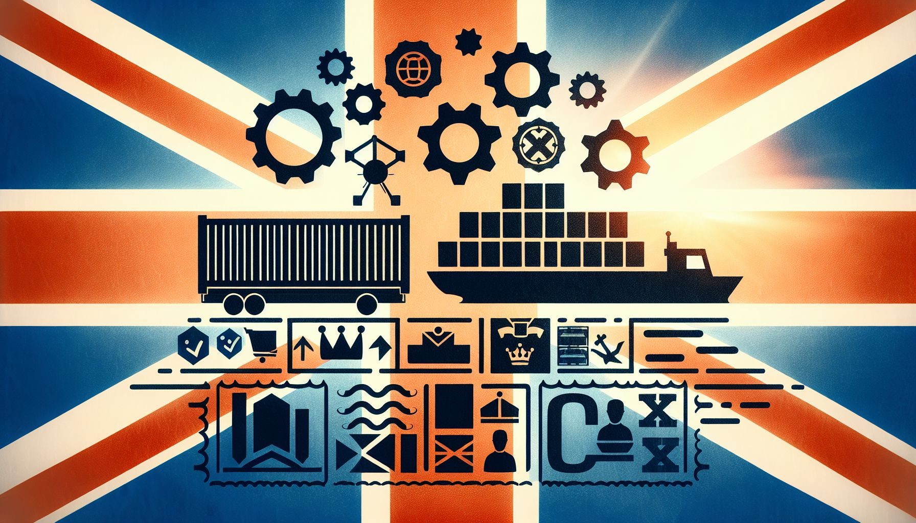 Una imagen simbólica que muestra bienes físicos, un sello de aduanas y la bandera británica, representativa del proceso aduanero y los derechos de importación para empresas extranjeras que importan al Reino Unido.