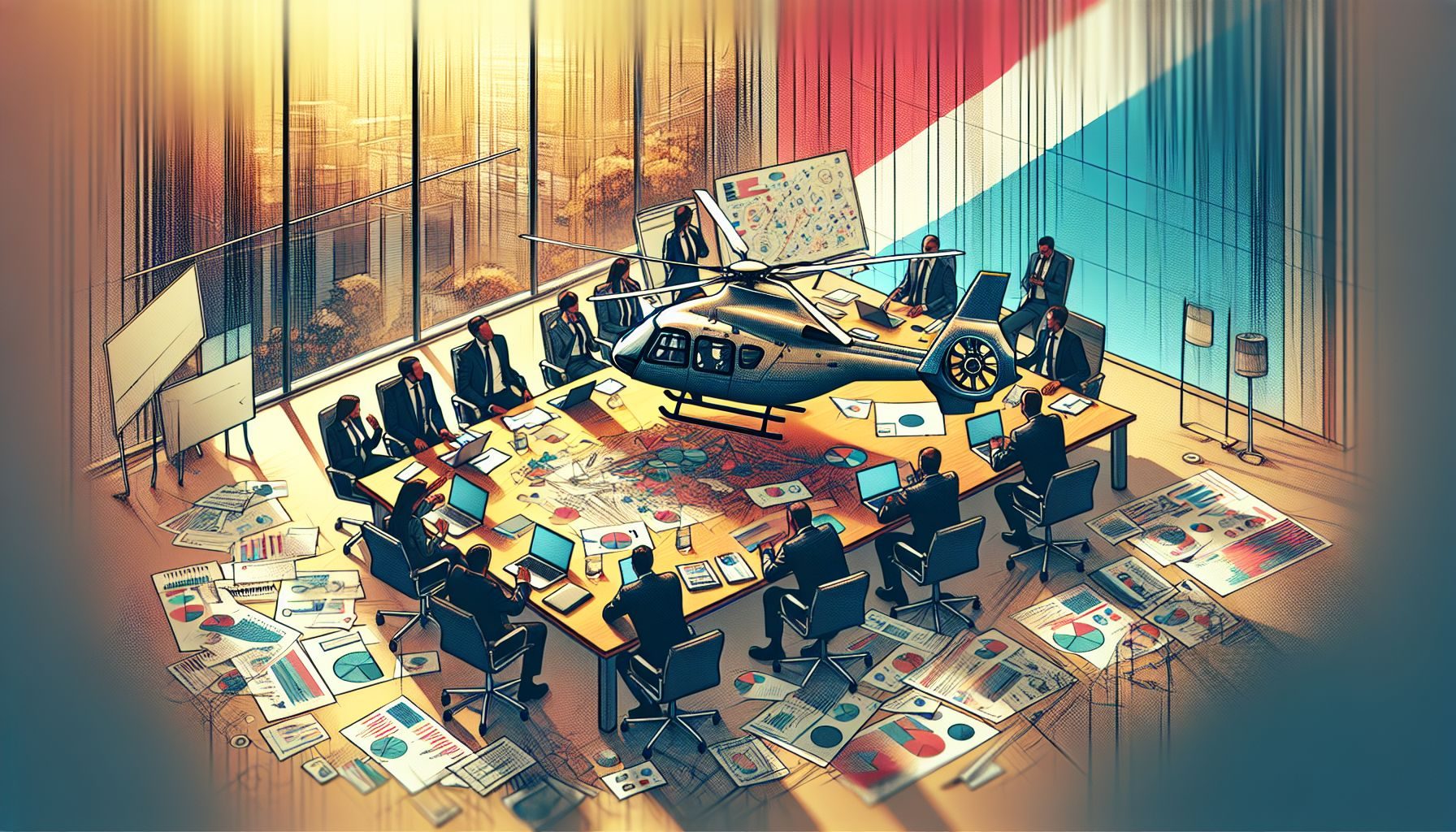 Um close-up da documentação envolvida na aquisição de um helicóptero, destacando documentos regulatórios e planos financeiros, com uma sugestão sutil da bandeira de Luxemburgo ao fundo.