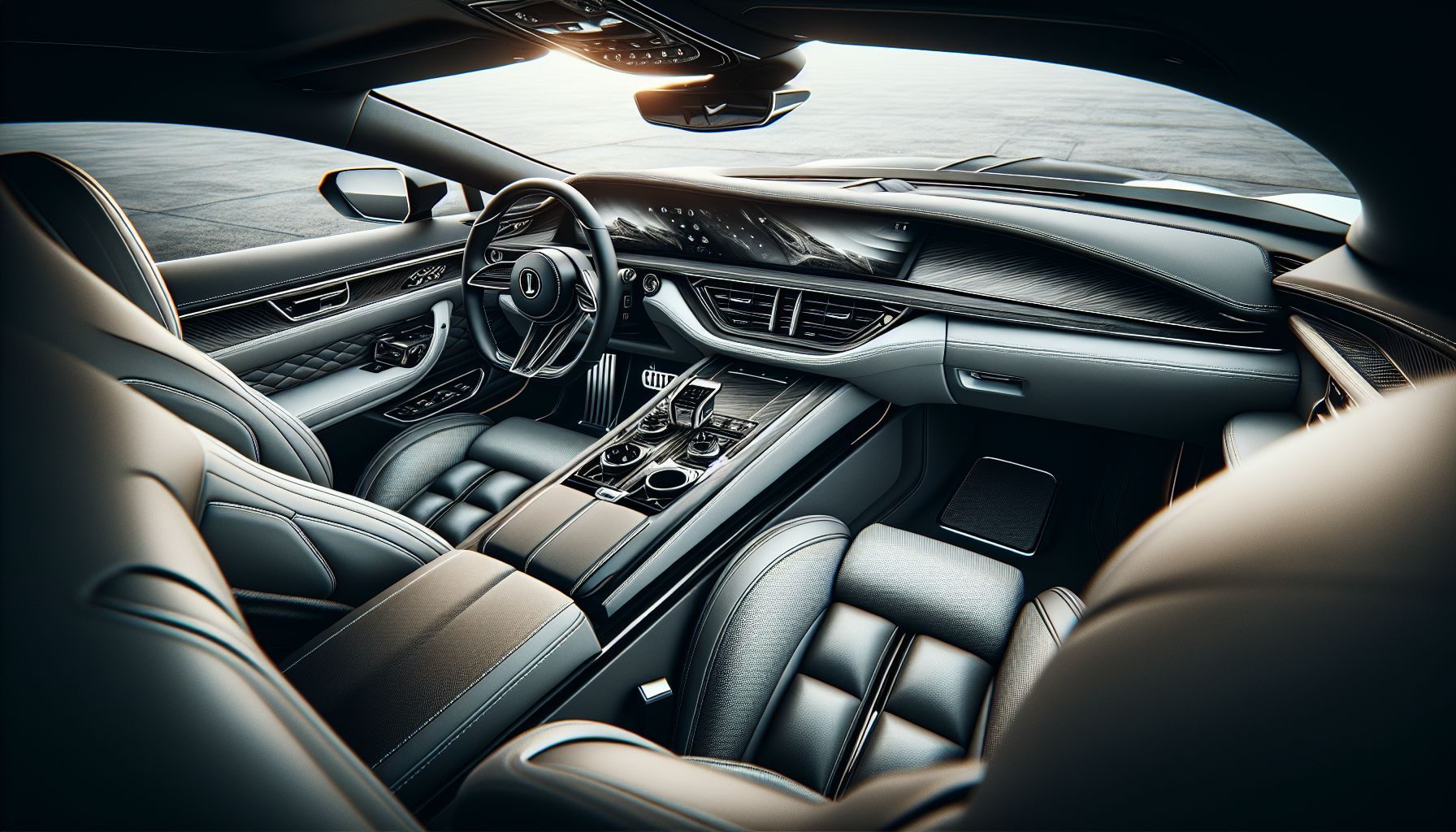 Uma imagem em close-up, de alta definição, do interior de um Volkswagen Phaeton, revelando seu luxuoso interior, volante e painel de controle, sem revelar nenhum detalhe pessoal.