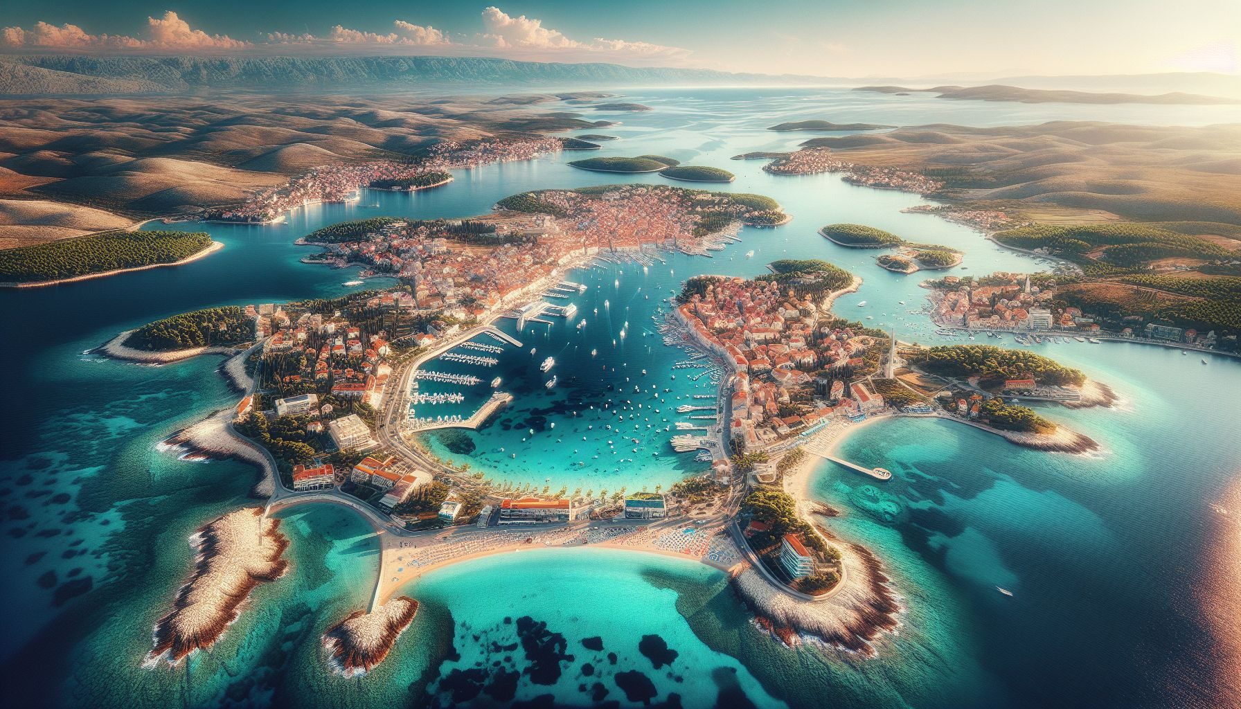 Une vue aérienne époustouflante de la côte immaculée de la Croatie, mettant en évidence les eaux turquoise claires, les belles plages et les charmantes villes portuaires, qui représentent le secteur touristique florissant du pays.