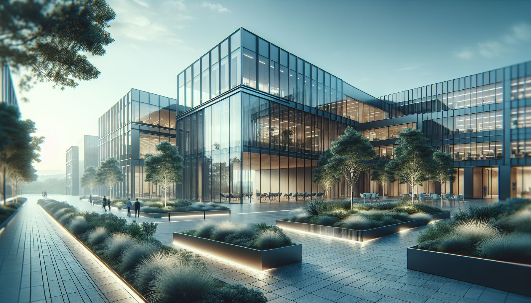 A soft-focus image of the front facade of a modern consulting firm headquarters, advocating the use of professional consultation services for businesses seeking to expand into the Portuguese market.