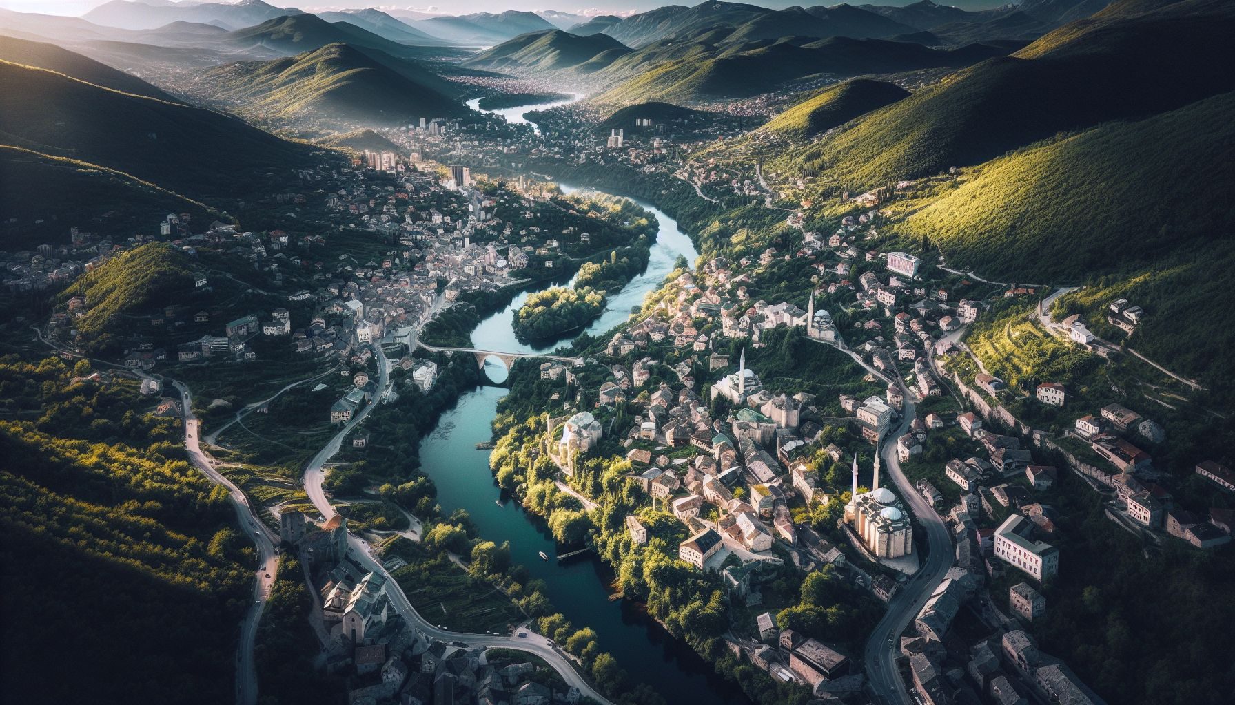 n aerial shot of Bosnia and Herzegovina, showcasing a beautiful contrast of medieval cities nestled amid lush green mountains and valleys.