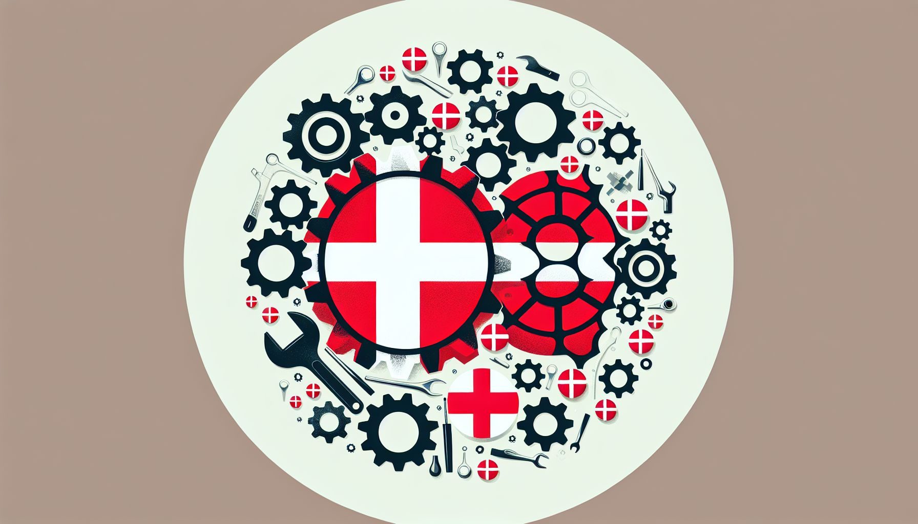 Uma ilustração de uma bandeira dinamarquesa se misturando com uma série de engrenagens e ferramentas, representando o processo de localização do seu produto SaaS para a Dinamarca.