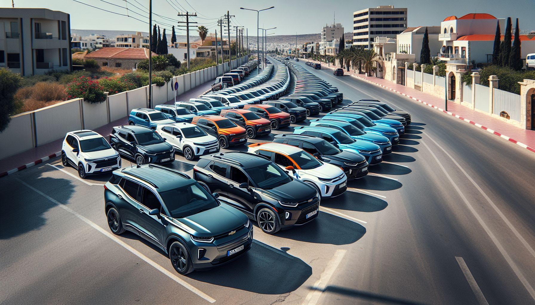 Uma variedade diversificada de carros de empresa, incluindo SUVs, sedãs e caminhonetes, estacionados em linha numa rua do Chipre, mostrando opções para uma seleção de veículos da empresa.