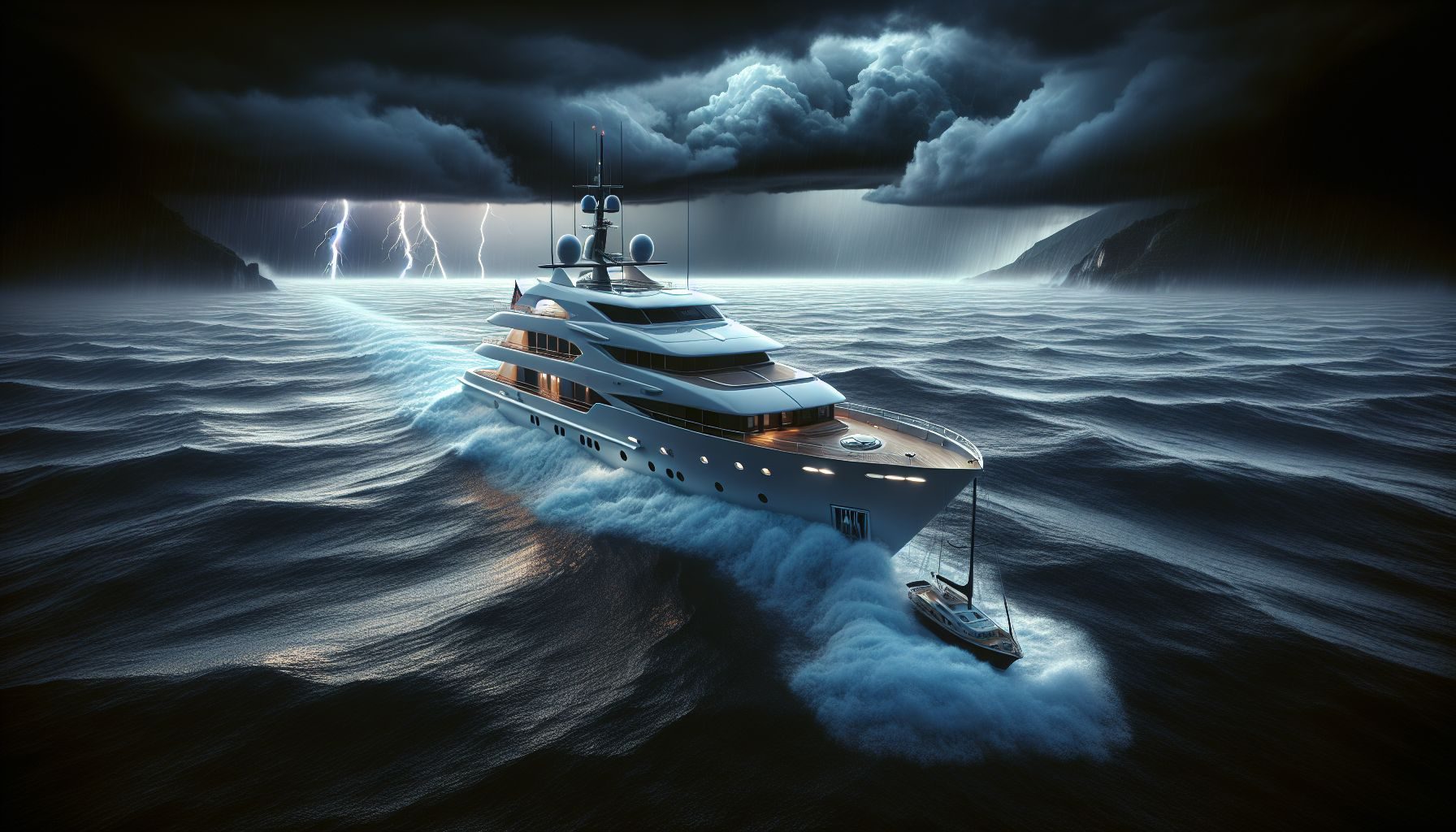 Uma imagem conceitual representando o seguro de iate, apresentando um iate requintado seguramente ancorado em uma baía protegida com mares tempestuosos no horizonte, ilustrando a importância da cobertura em situações inesperadas.