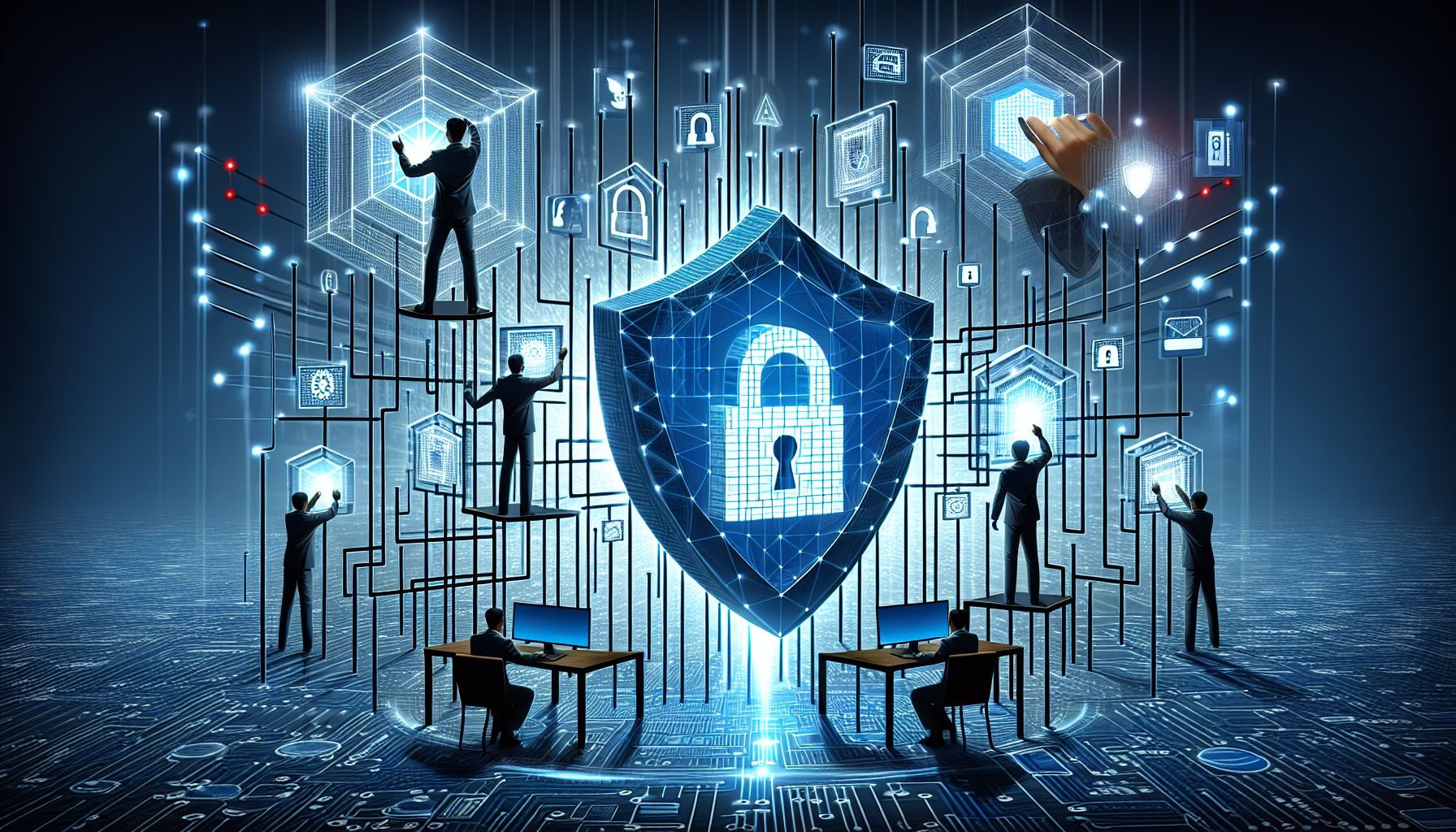 A series of firewalls and protective shields being integrated into a business digital infrastructure, symbolizing the process of developing a stronger cybersecurity framework and resilience.