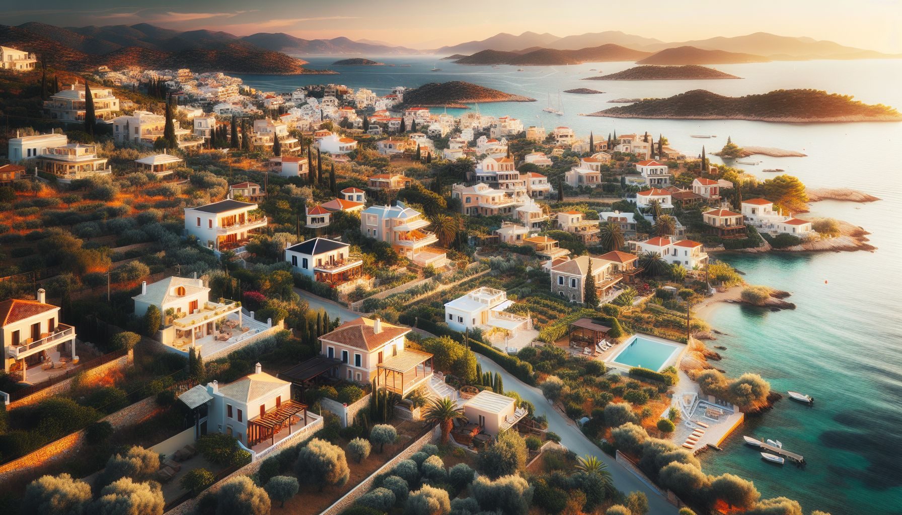 ne prise de paysage pittoresque de propriétés résidentielles grecques, présentant différents types de biens immobiliers disponibles, y compris des villas en bord de mer, des appartements urbains et des maisons de campagne traditionnelles.