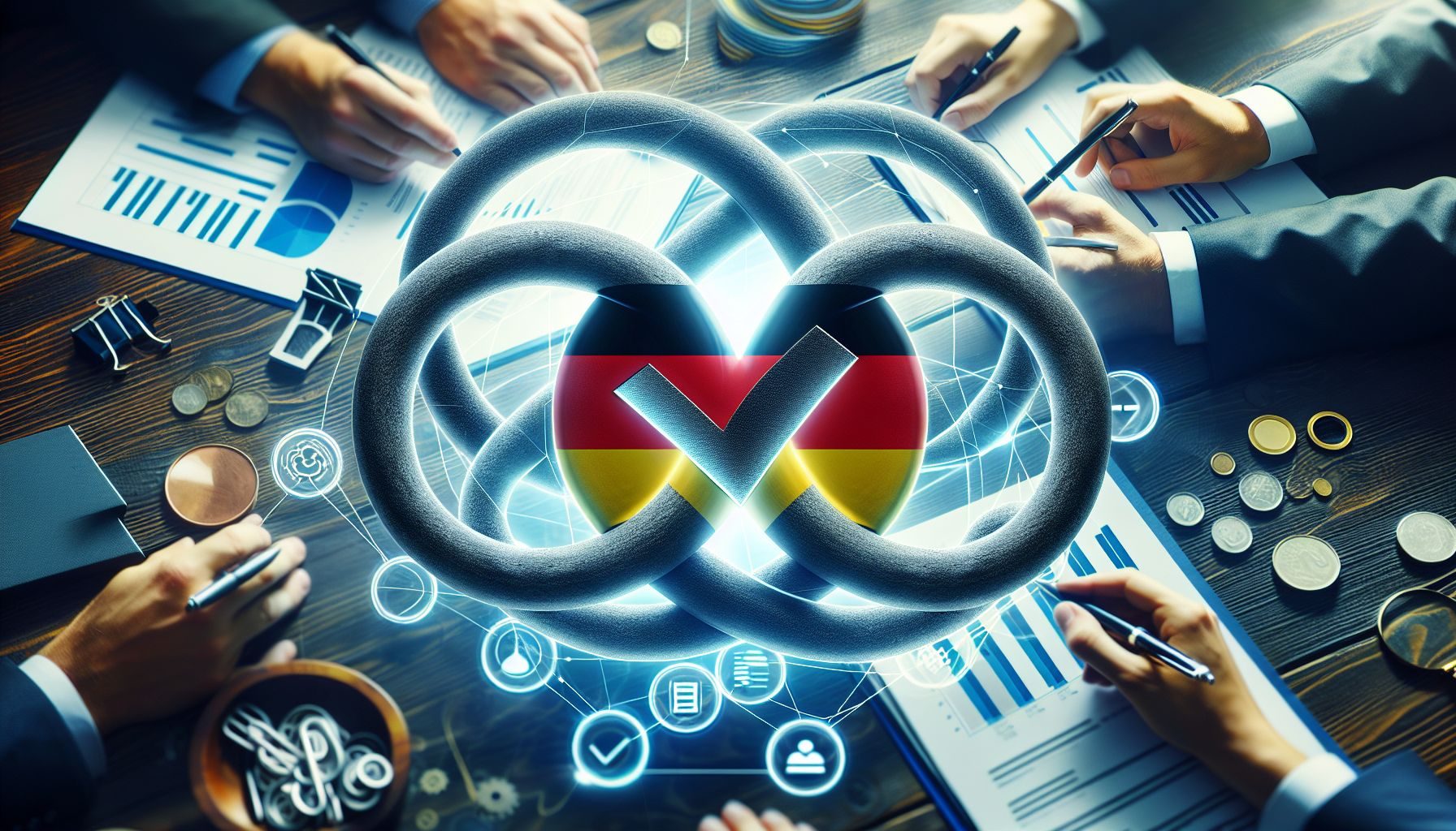 Imagen conceptual que muestra círculos entrelazados simbolizando alianzas estratégicas con marcas alemanas, con una marca de verificación en el centro, simbolizando el servicio al cliente y la lealtad del cliente.
