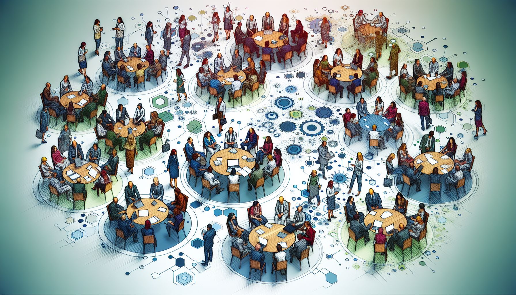 Une représentation artistique d'un événement de réseautage à grande échelle, mettant en valeur des groupes divers d'individus engagés dans des discussions.
