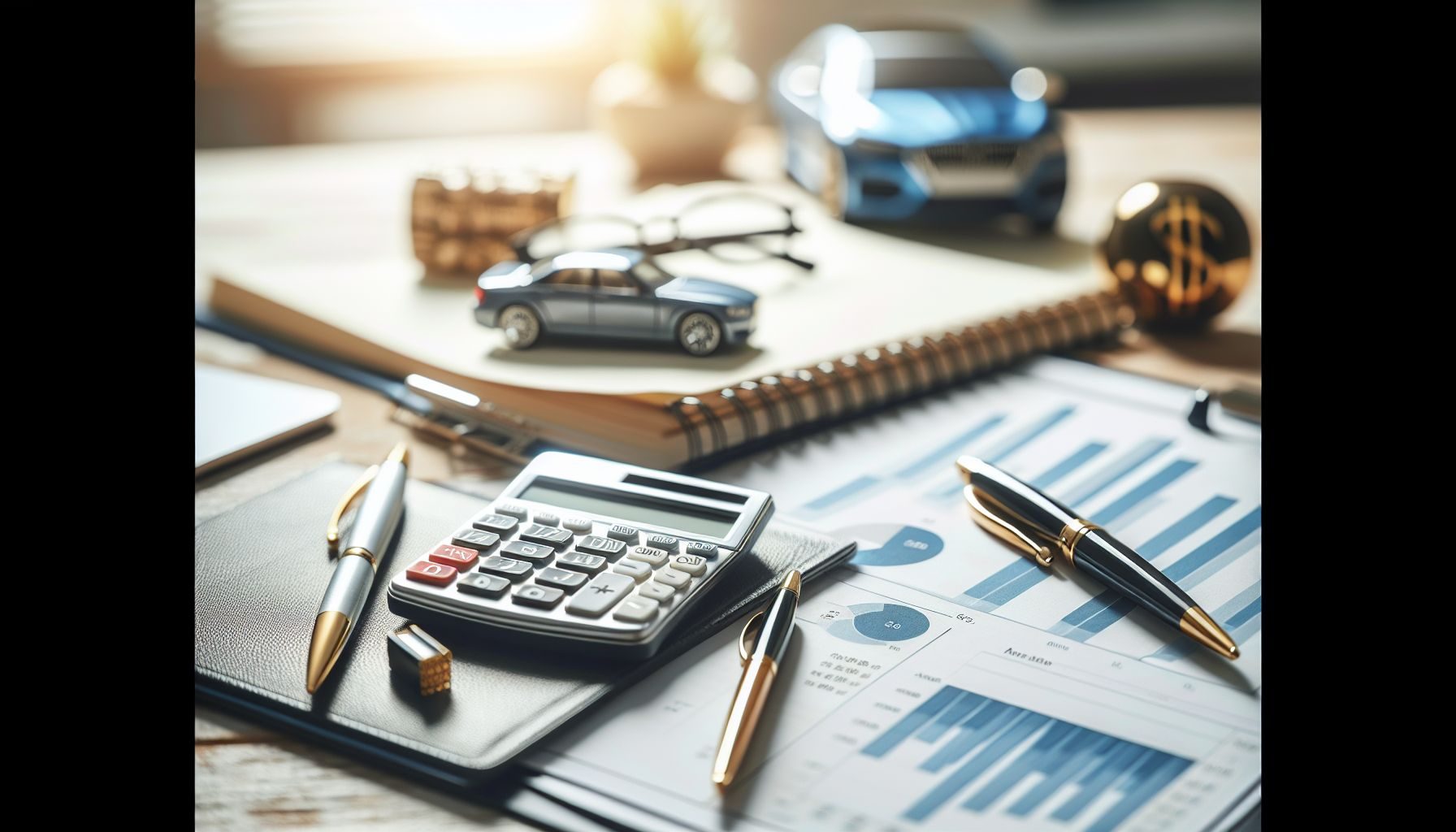 Un gros plan sur des documents commerciaux, incluant une calculatrice, un stylo, et des graphiques financiers pour signifier les implications fiscales de l'achat d'une voiture de société au Royaume-Uni.