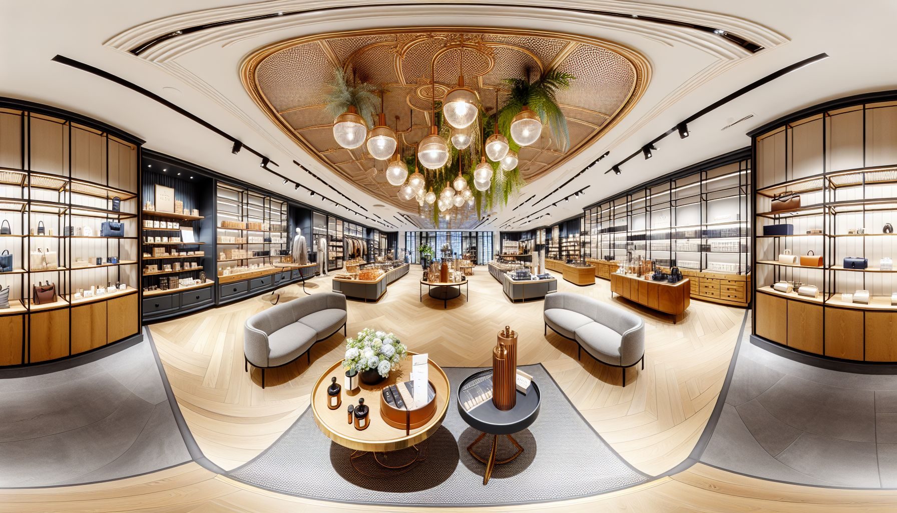 Una imagen al estilo de un tour virtual del interior elegante y acogedor de una moderna tienda minorista belga.