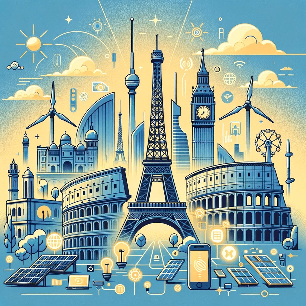 Illustration of Europe's skyline with iconic landmarks like the Eiffel Tower and Colosseum. In the foreground, there are symbols representing the technologies.
