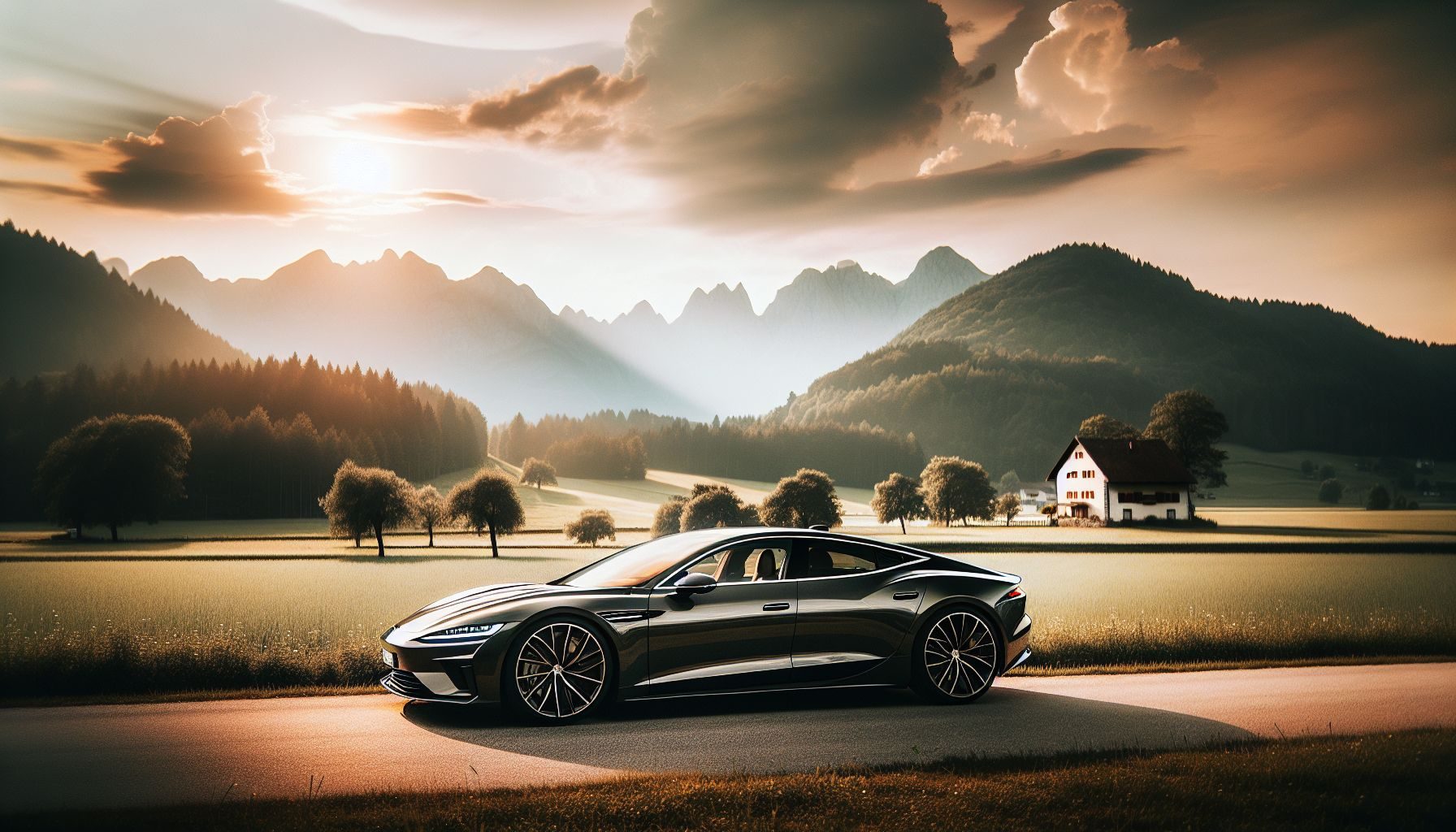A sleek and modern BMW 7 Series car resting idly in front of scenic Slovenian rural landscape. Highlight the car's luxurious features and the serene countryside setting.