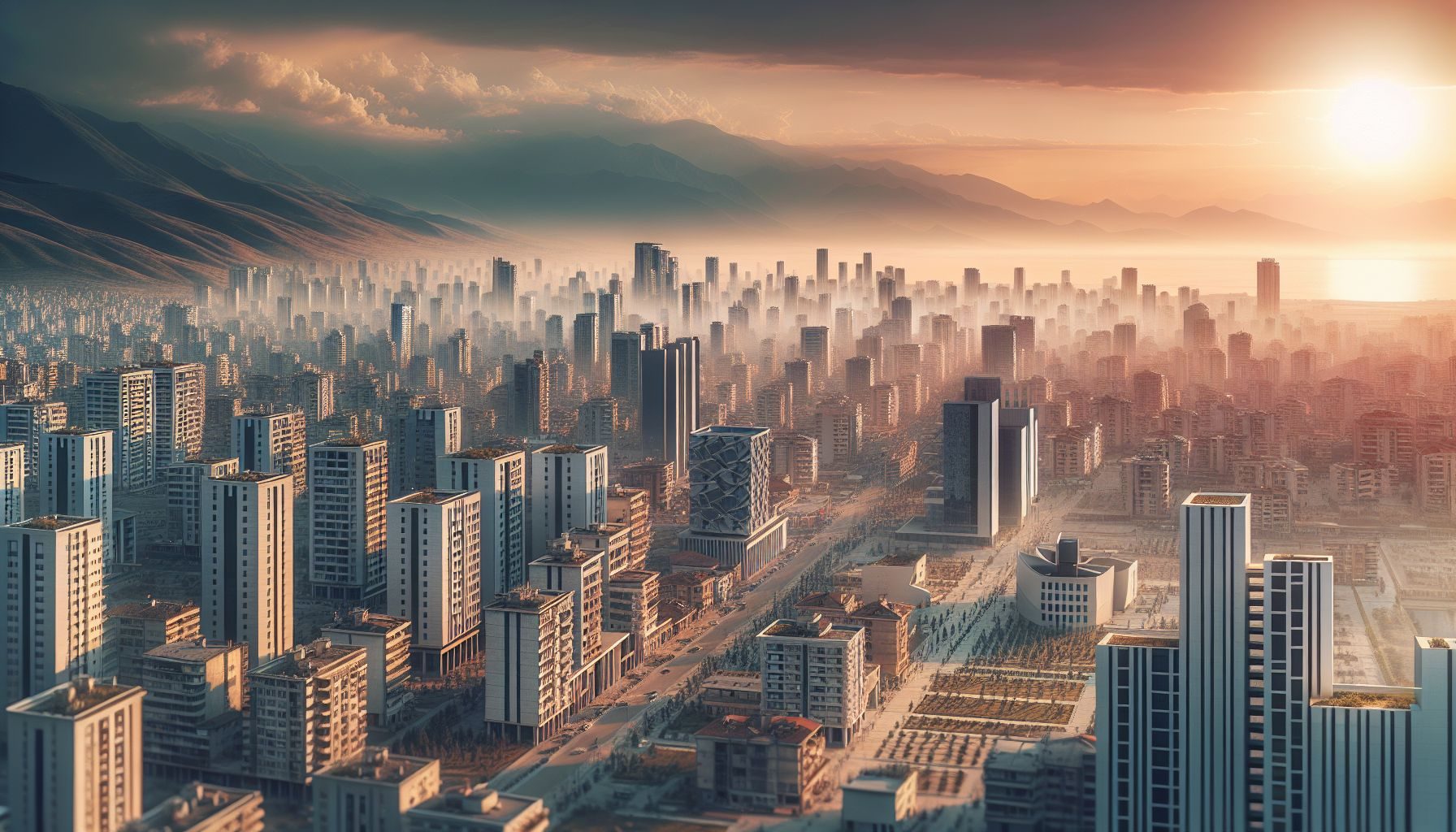 Une vue panoramique du centre-ville animé en Albanie rempli de bâtiments modernes symbolisant la montée de l'activité économique.