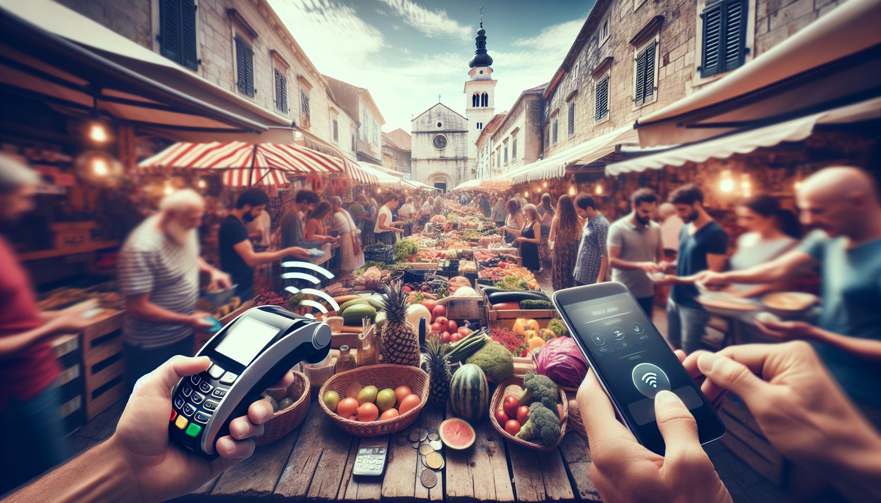 A smartphone displaying a mobile payment app alongside a contactless payment terminal, reflecting the slow but steady increase in mobile payment acceptance in Croatian stores.