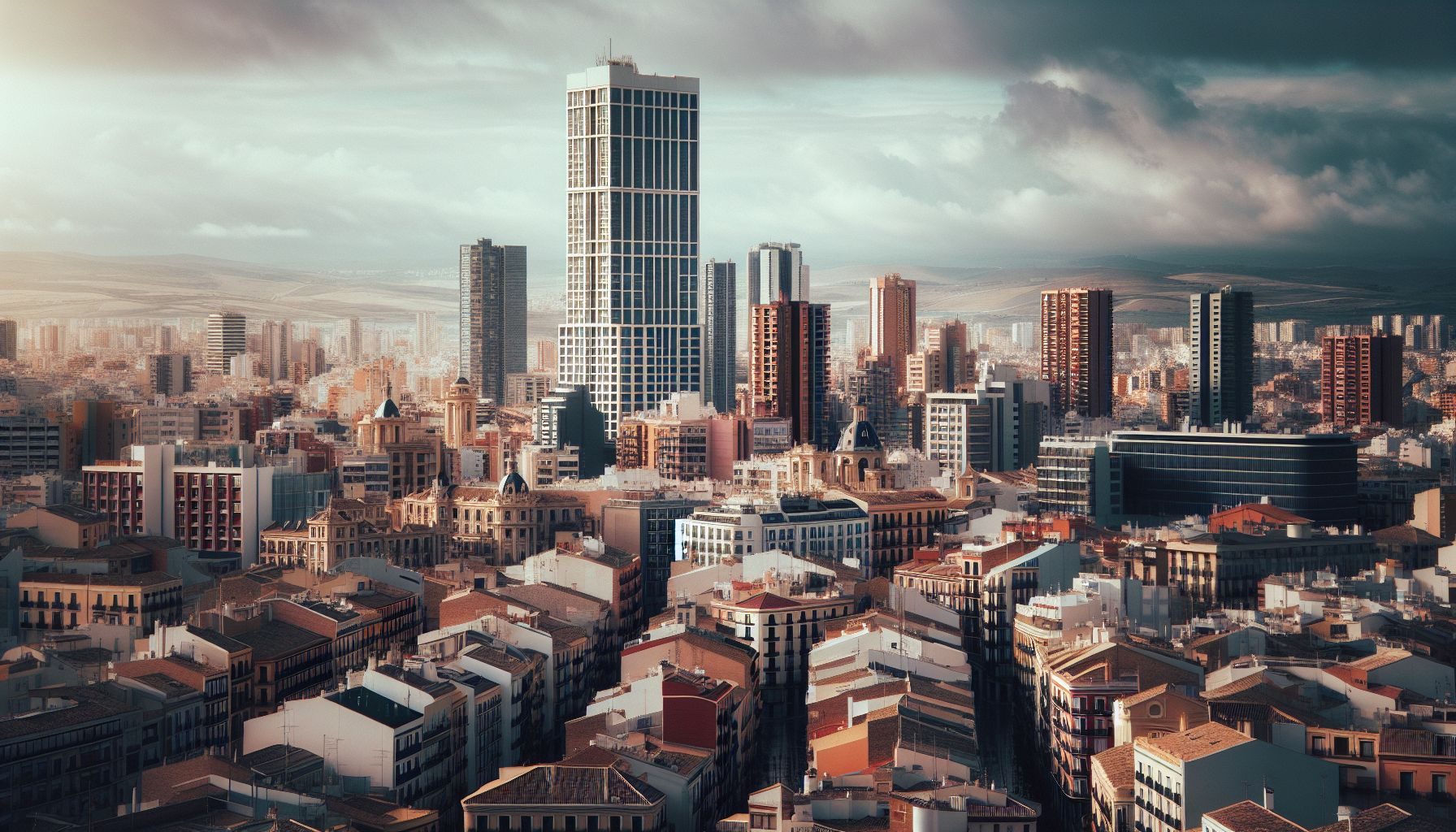 مشهد لتنوع المدينة في إسبانيا، يلتقط المزيج المتجانس من المباني العالية الحديثة والهندسة المعمارية التاريخية.