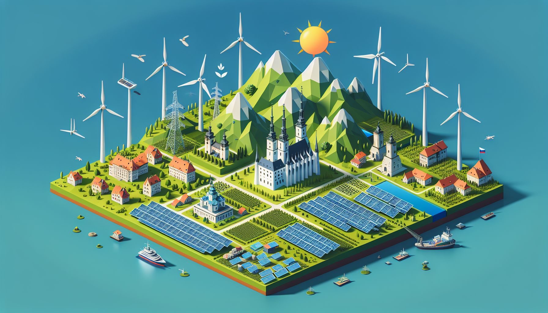 Une représentation visuelle de l'infrastructure d'énergie durable de la Slovaquie, incluant des fermes éoliennes et des panneaux solaires.